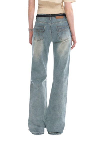 Washed Bow Embroidery Jeans
