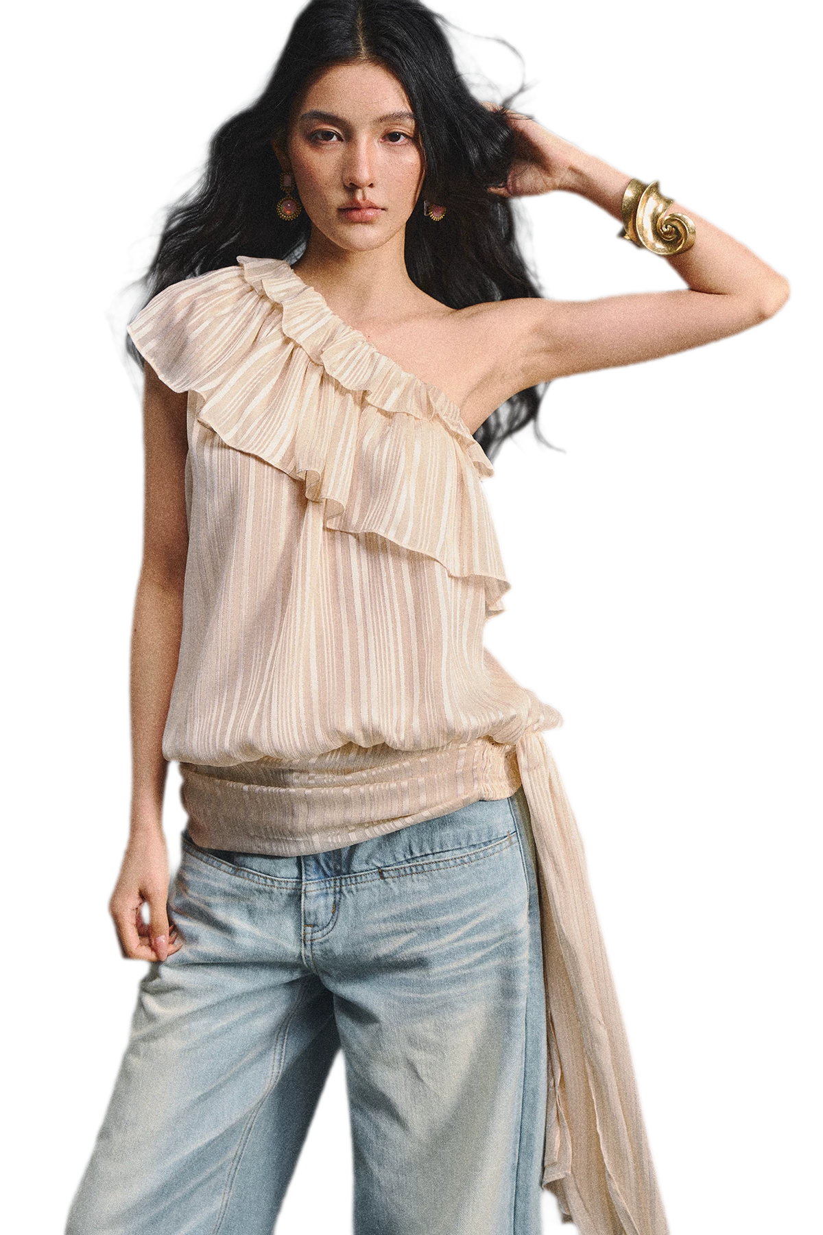 Asymmetric Ruffle Shoulder Top