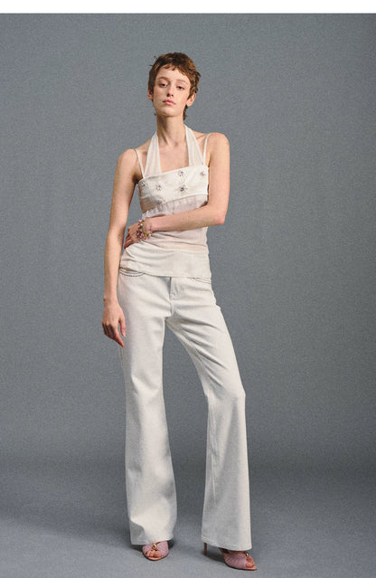 Textured White Contrast Waist Low-Rise Flared Pants