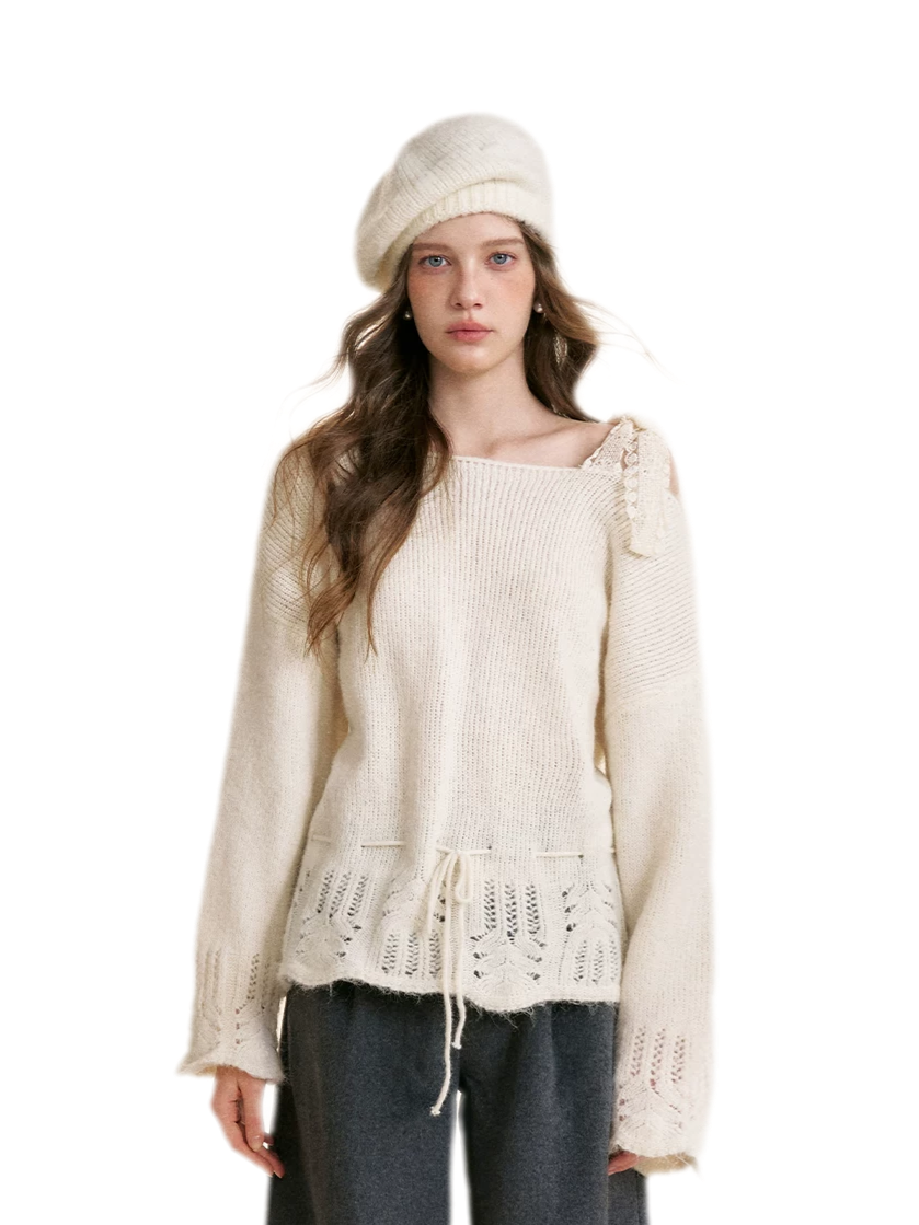 Lace Drawstring Off-Shoulder Sweater
