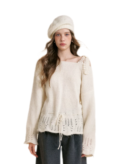 Lace Drawstring Off-Shoulder Sweater