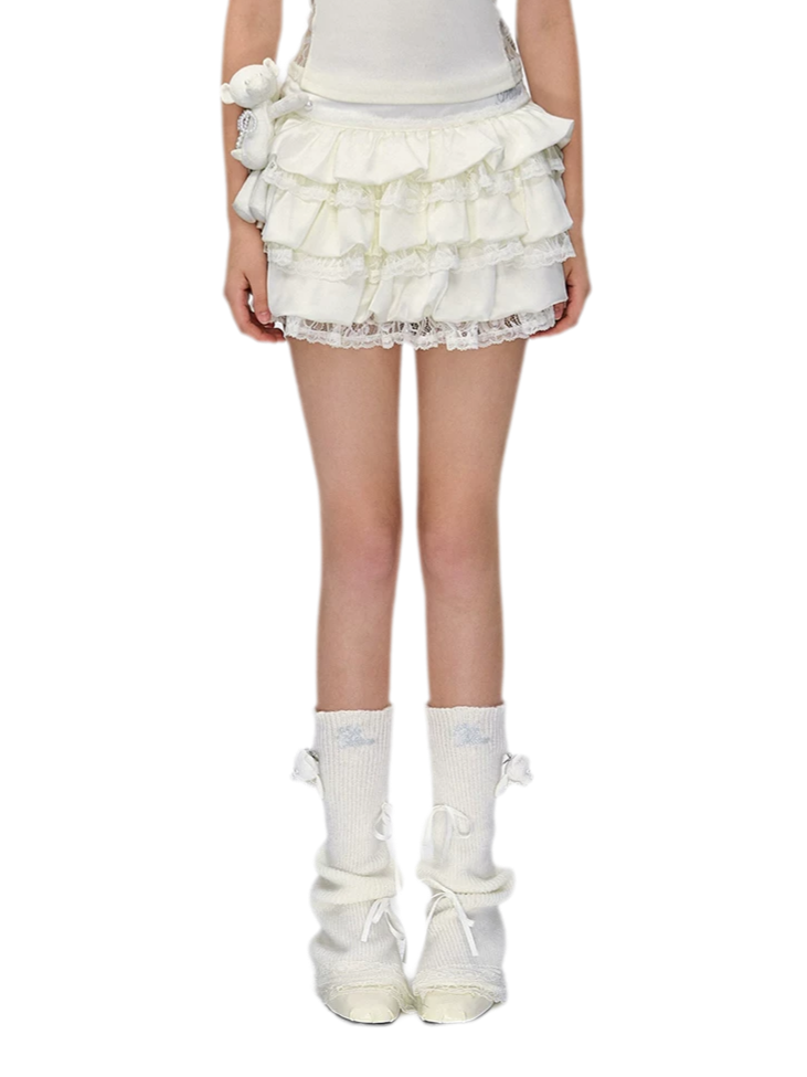Lace Bear Puff Mini Skirt