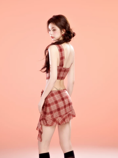 Plaid Cowl Neck Skort Set