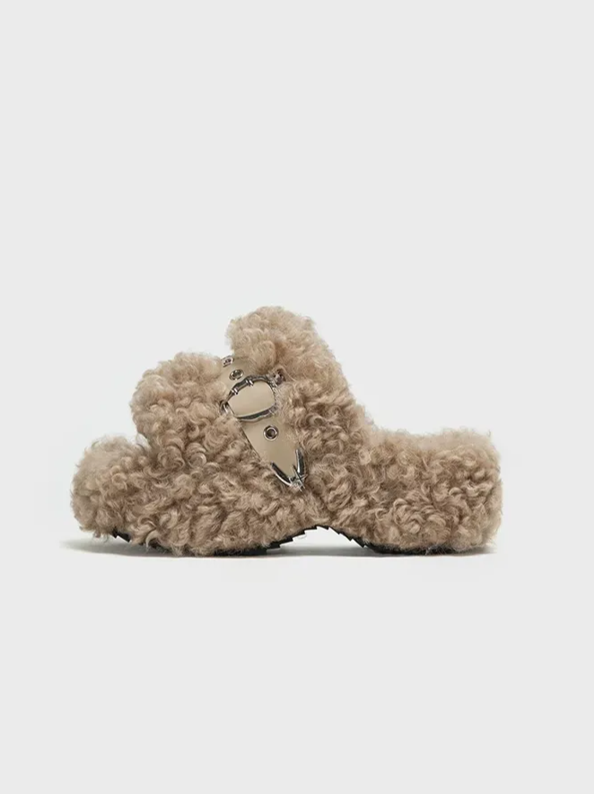 Platform Teddy Fur Slides
