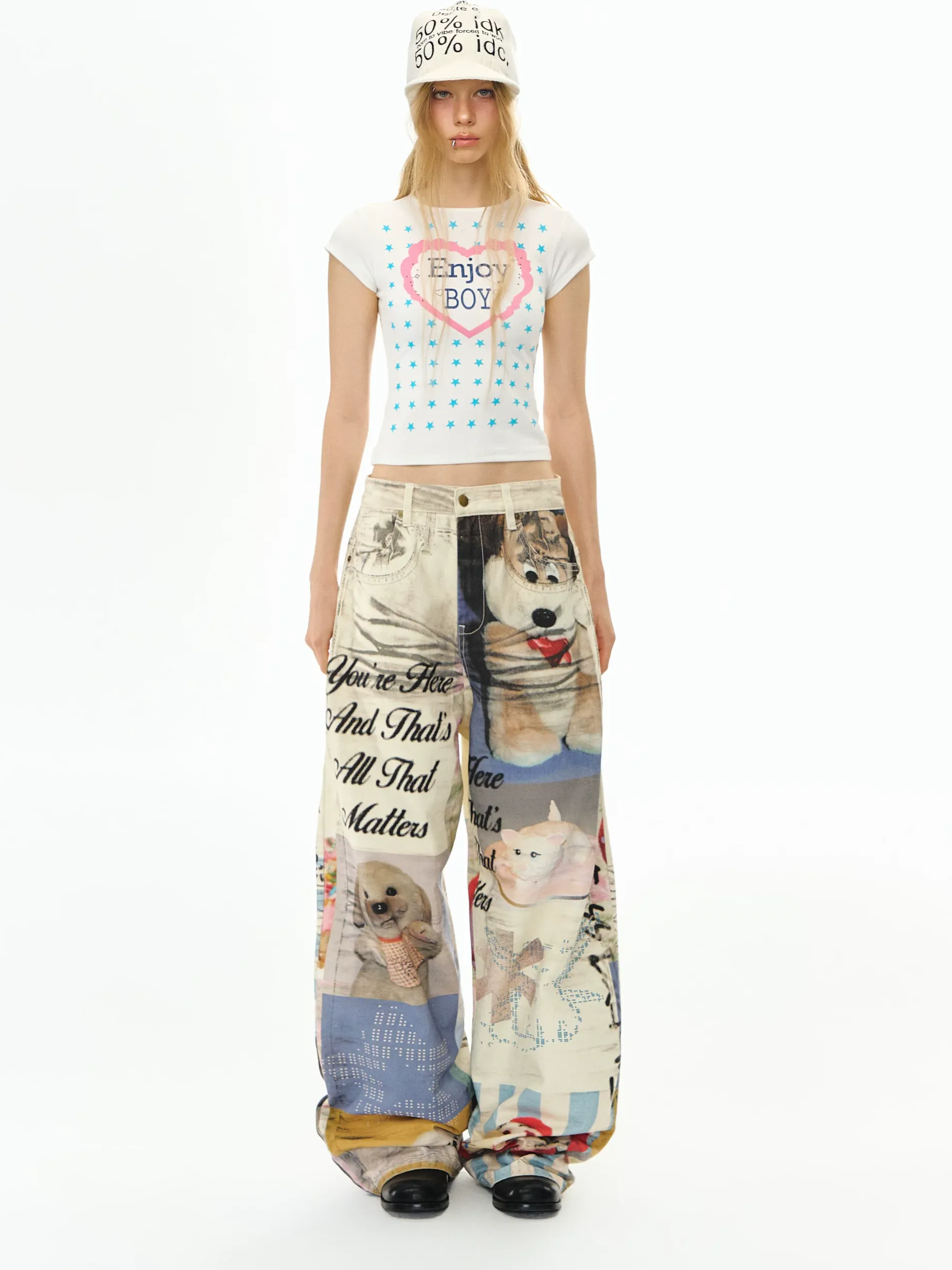 Washed Print Wide-Leg Jeans