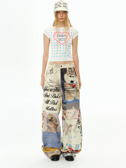 Washed Print Wide-Leg Jeans
