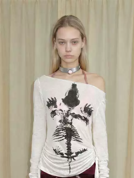 Sheer Asymmetric Skeleton Print Top