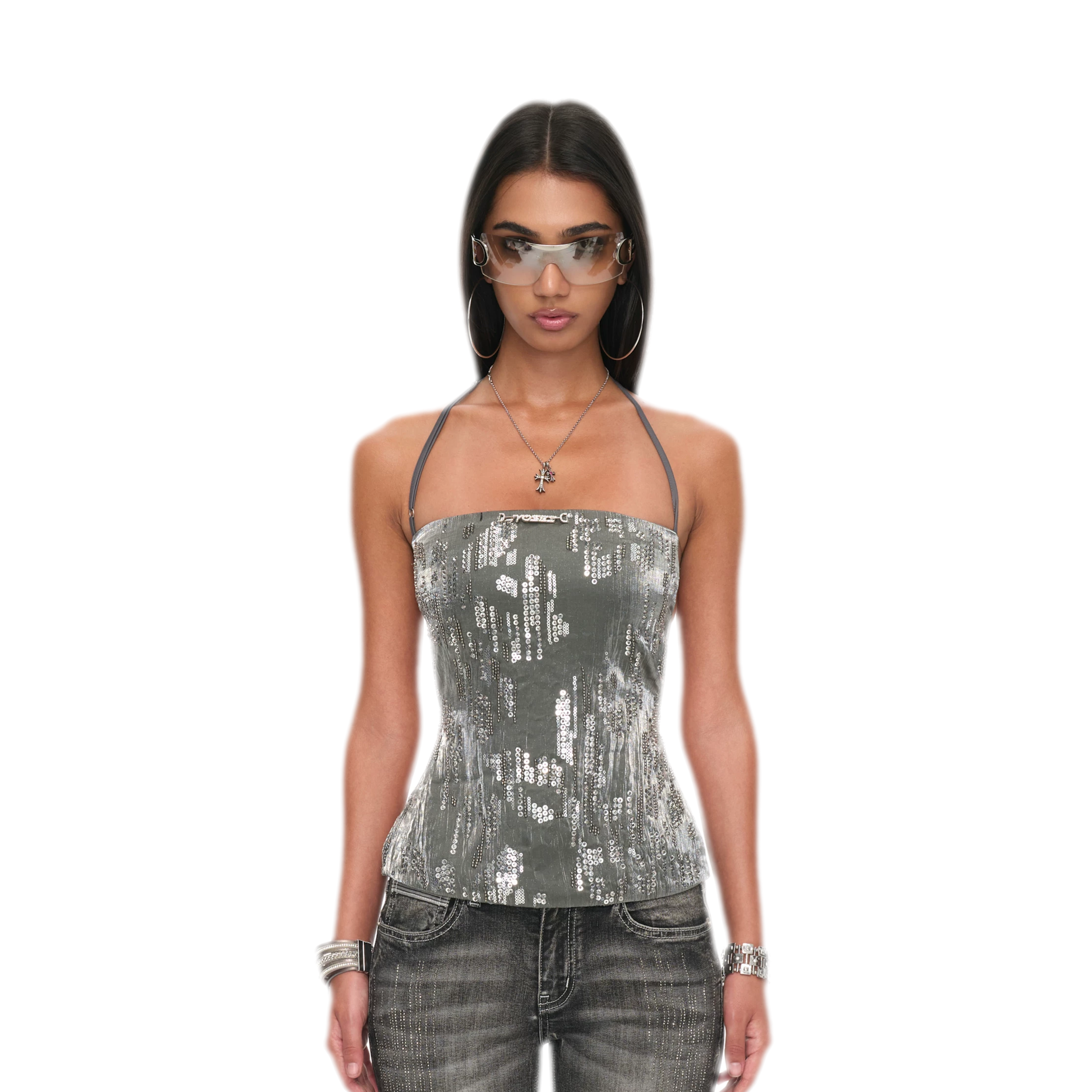 Sequin Cutout Halter Top