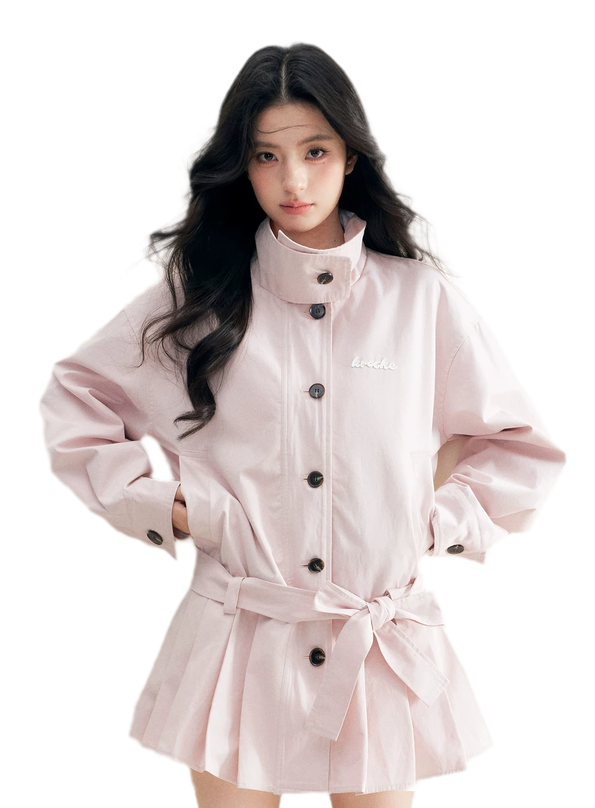 Appliqué Pleated Hem Trench Coat