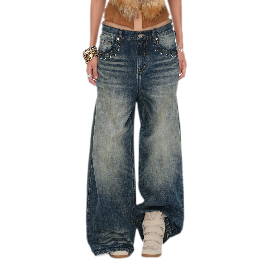 Washed Embroidered Wide-Leg Jeans