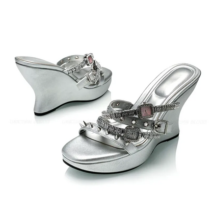 Rhinestone Strap Wedge Mules