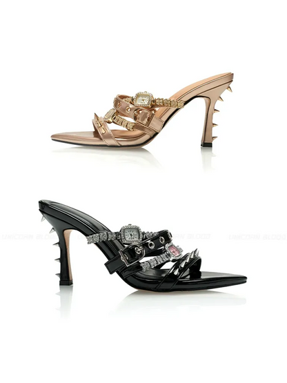 Patent Rivet Stiletto Sandals