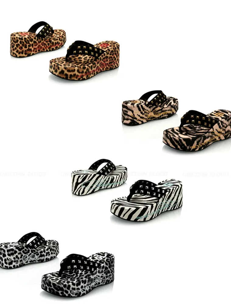 Studded Animal Print Platform Slides