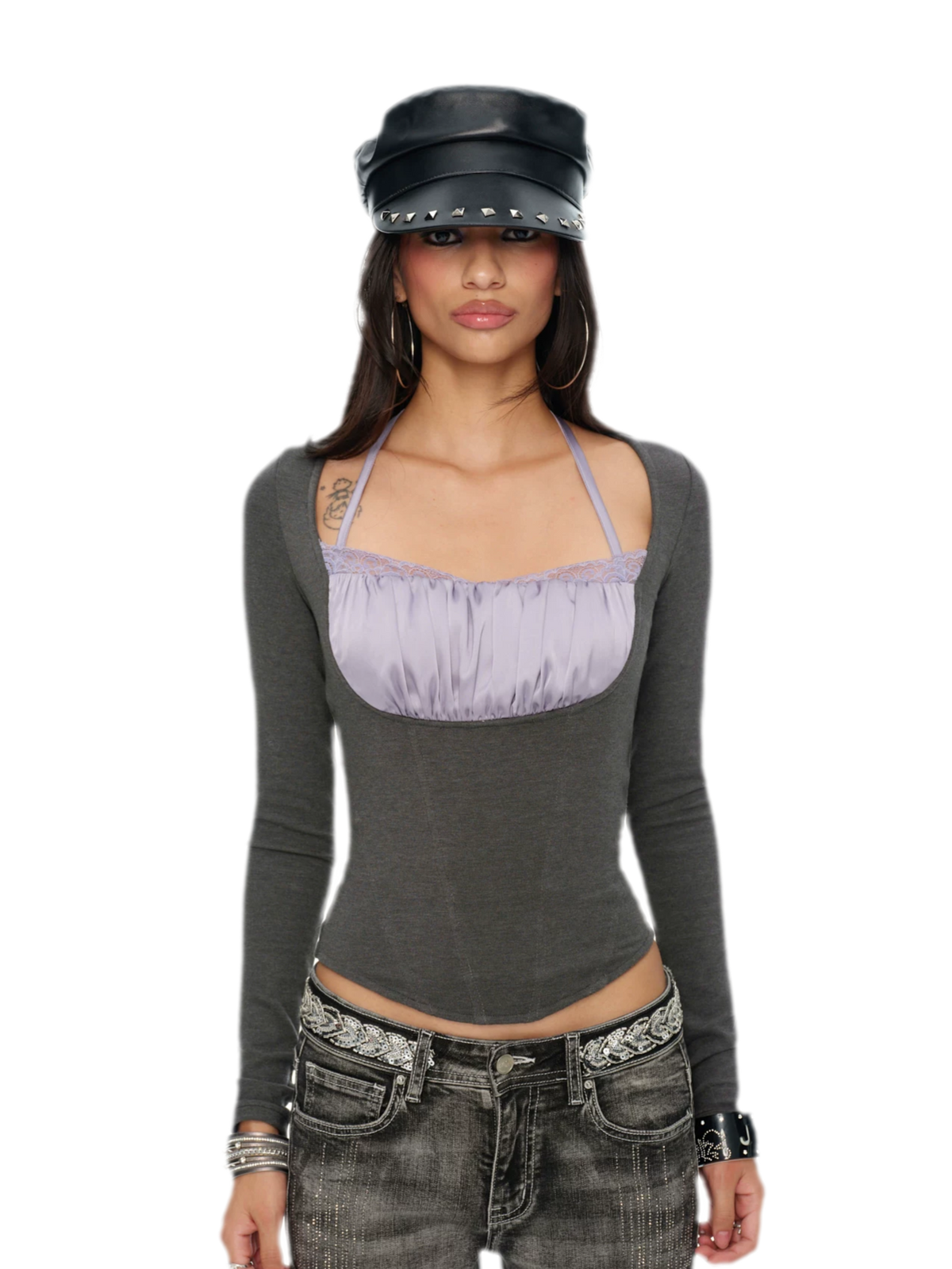 Top de base de encaje elástico con cuello halter