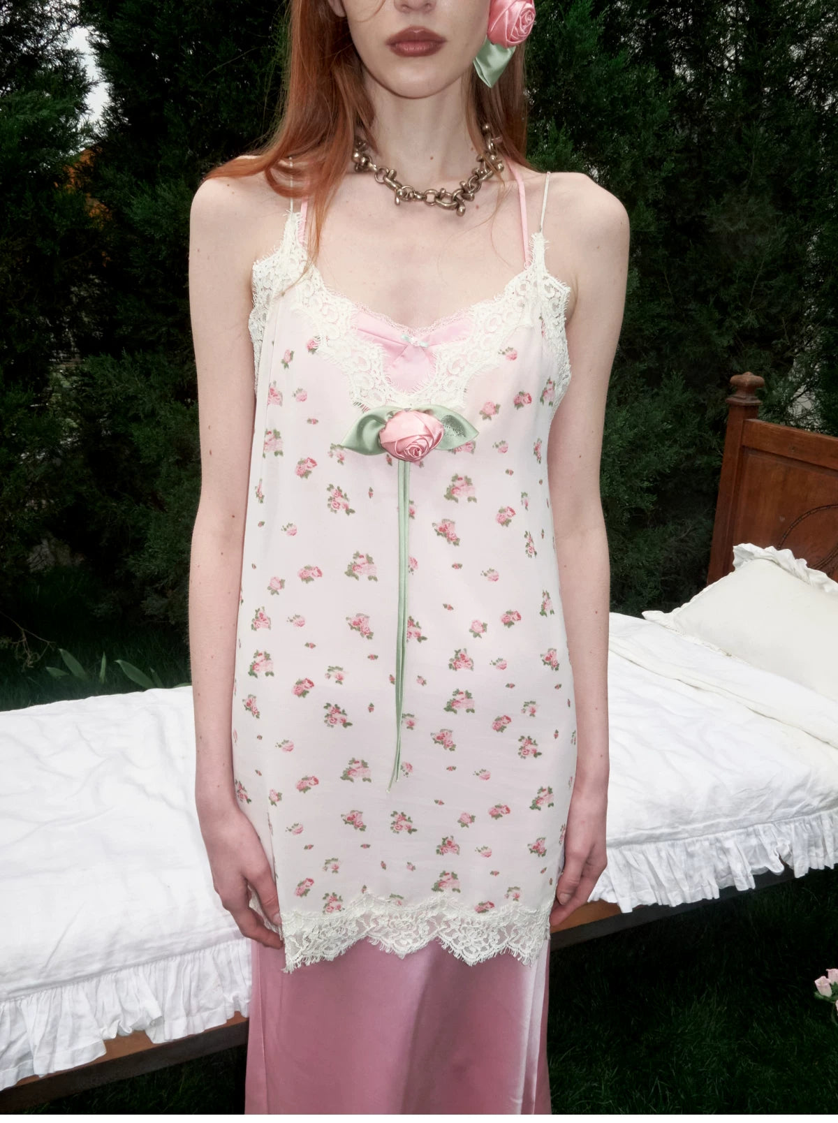 Deep V-Neck Lace Chiffon Satin Dress