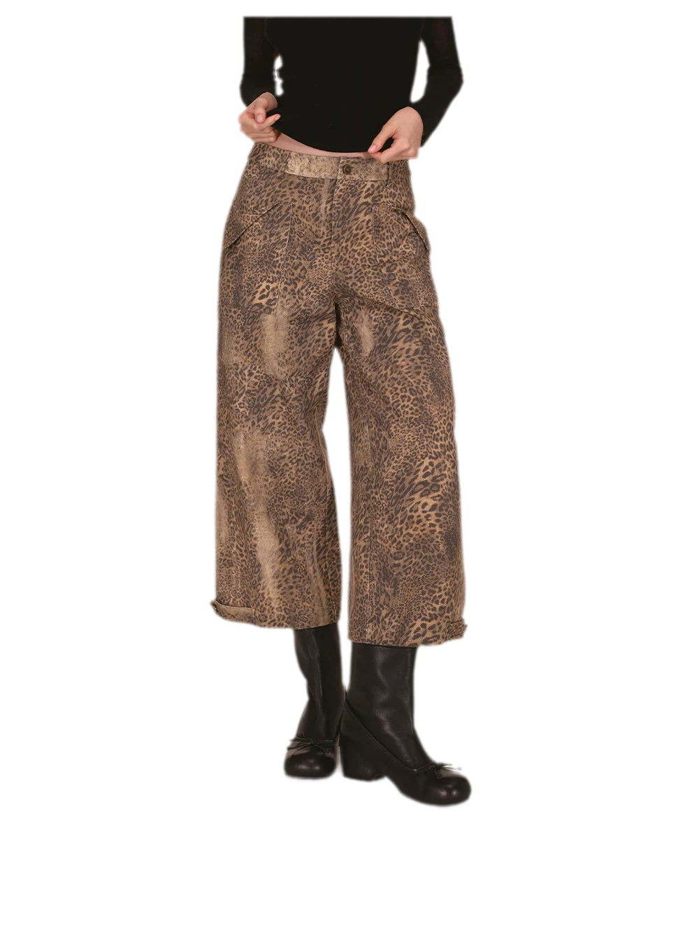 Distressed Leopard Wide-Leg Jeans