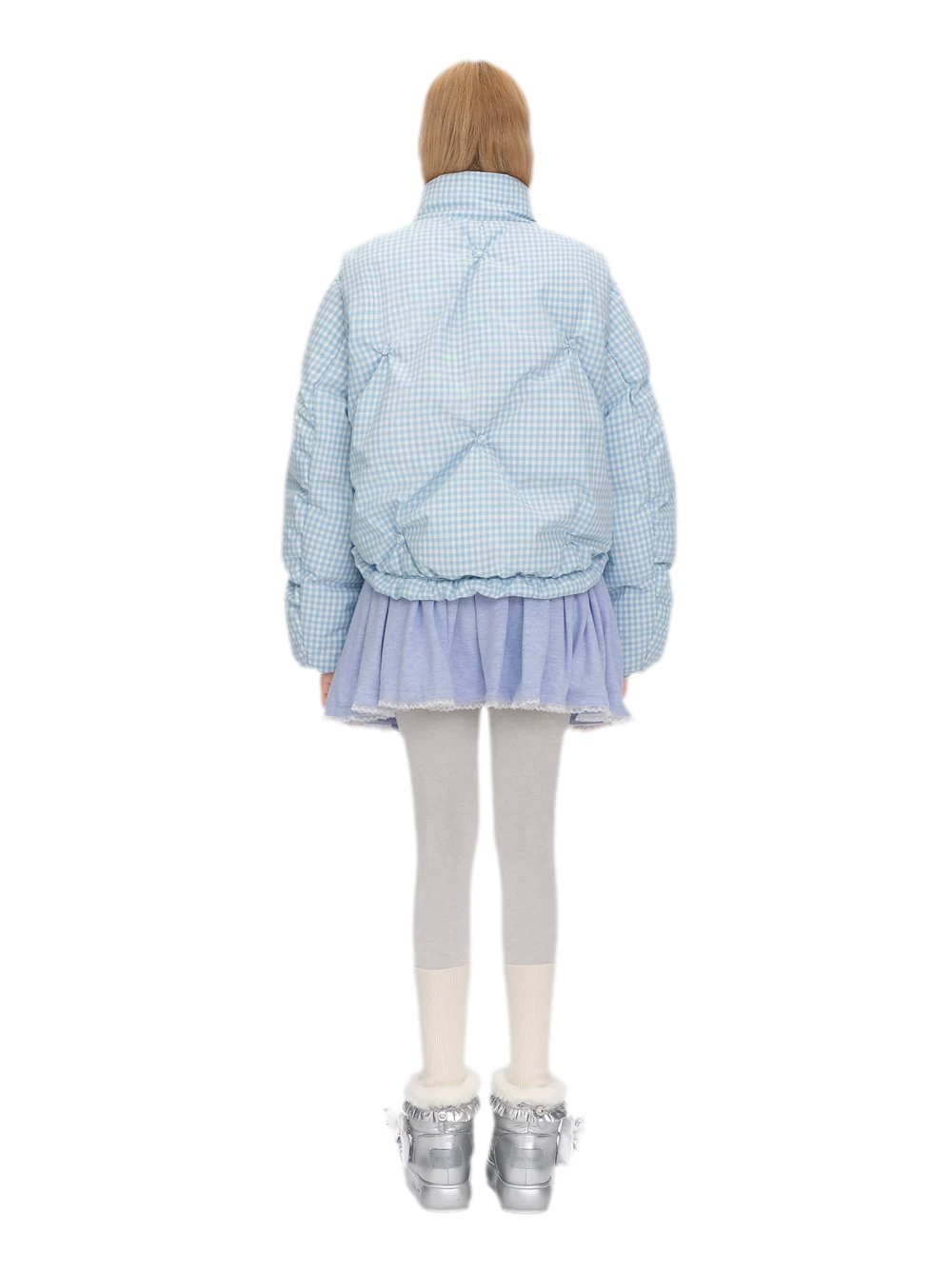 Gingham Puffy Stand-Collar Down Jacket
