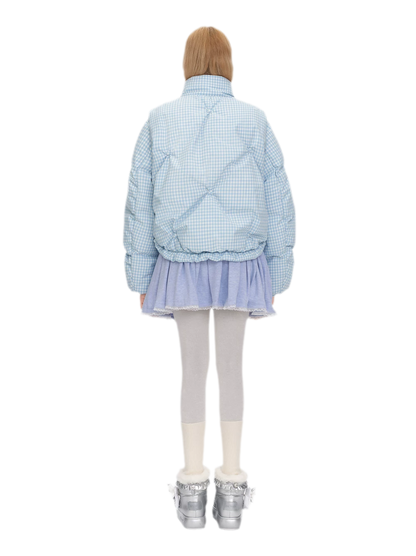 Gingham Puffy Stand-Collar Down Jacket