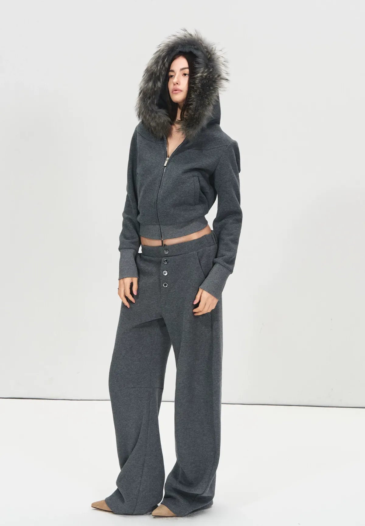 Detachable Fur Collar Fleece Hoodie &amp; Relaxed Pants