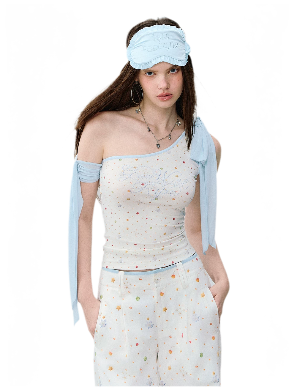 Printed Mesh One-Shoulder Tie Tank