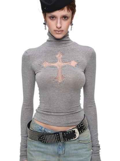 Rhinestone Lace Turtleneck Knit Top