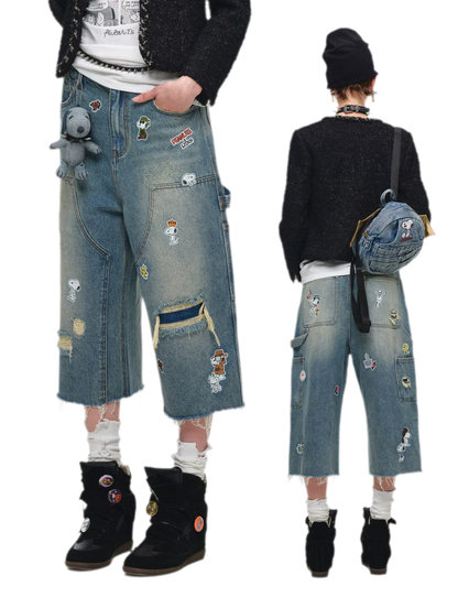 Washed Distressed Cropped Jeans