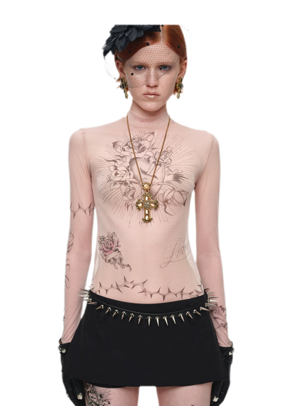 Tattoo Print Mesh Top