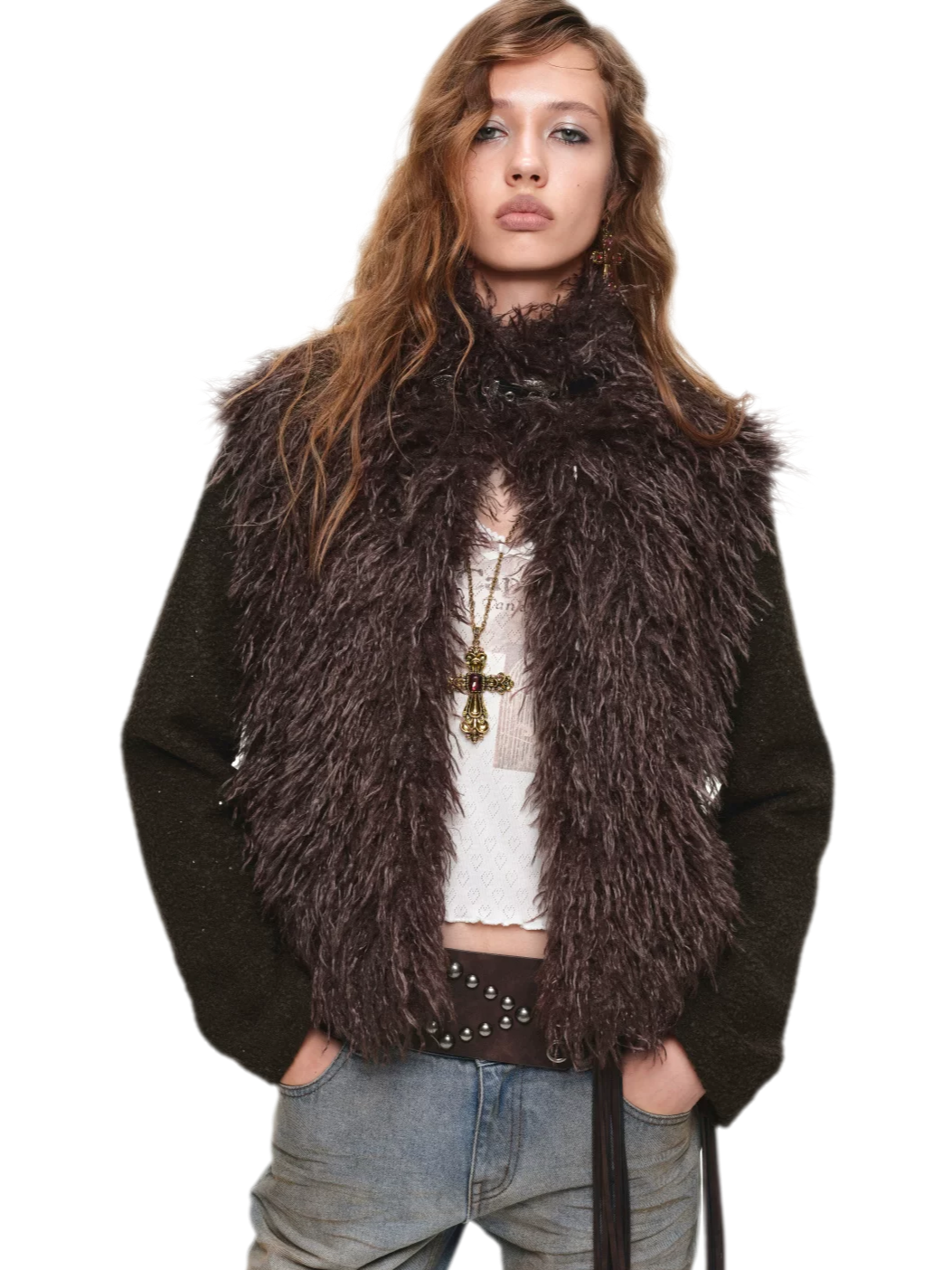 Veste courte en laine à ceinture contrastante