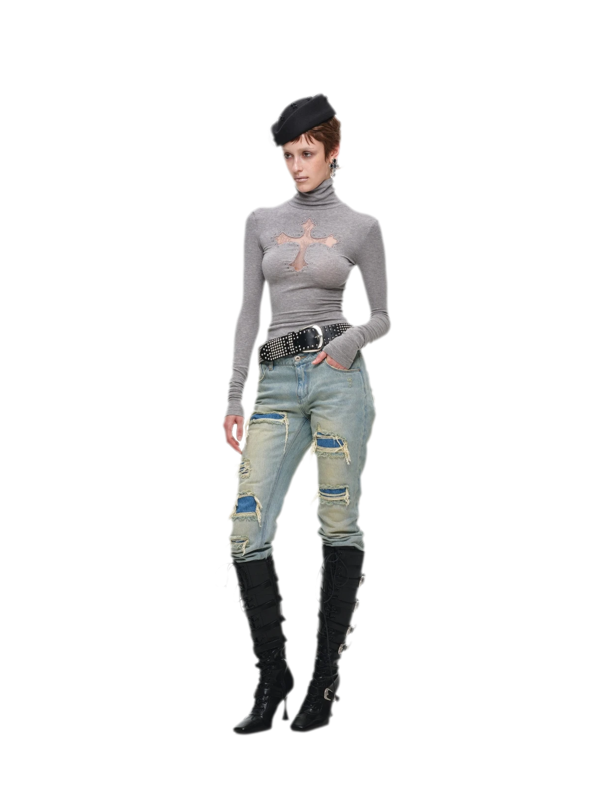 Rhinestone Lace Turtleneck Knit Top