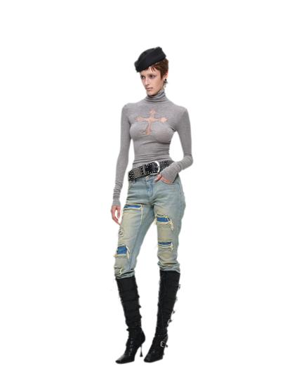 Rhinestone Lace Turtleneck Knit Top