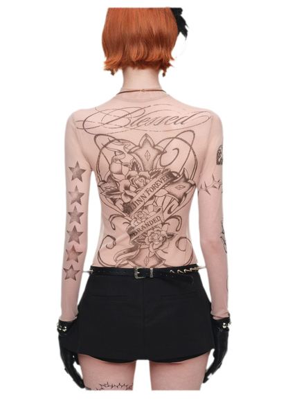 Tattoo Print Mesh Top