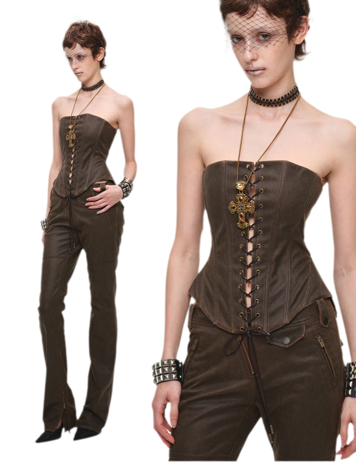 Washed Leather-Look Slim Pants