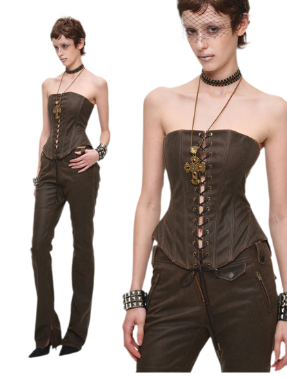 Washed Leather-Look Slim Pants