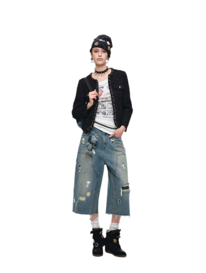 Washed Distressed Cropped Jeans