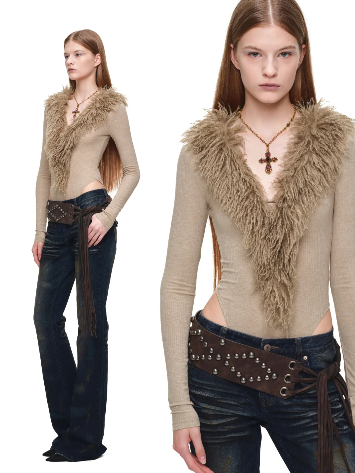 Ceinture de taille en PU à franges et clous