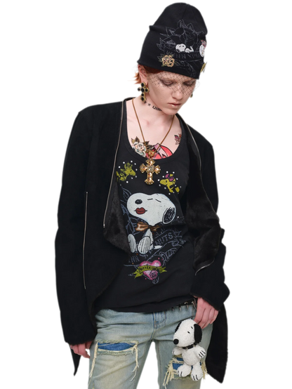 เสื้อโค้ทคอปกขนเฟอร์ลุคหนังกลับ