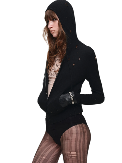 Distressed Hooded Knit Cardigan