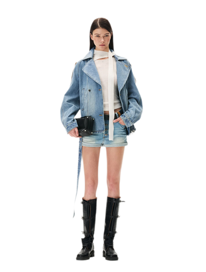 Washed Denim Oversized Trench Jacket