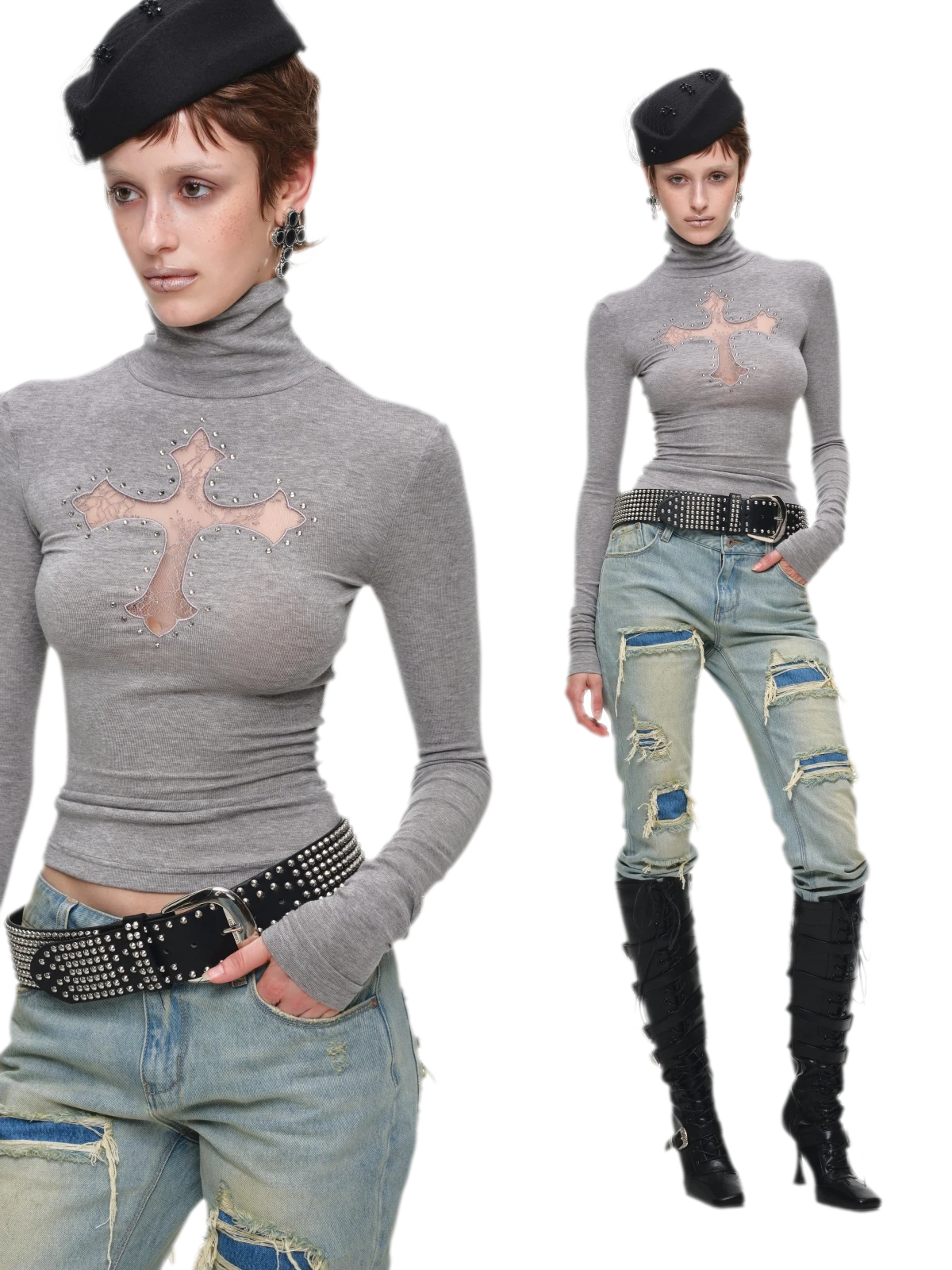 Rhinestone Lace Turtleneck Knit Top