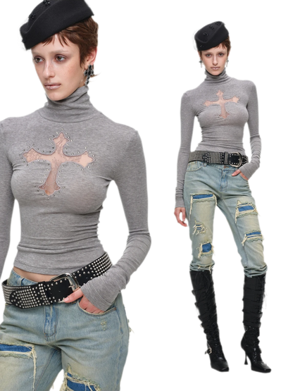 Rhinestone Lace Turtleneck Knit Top
