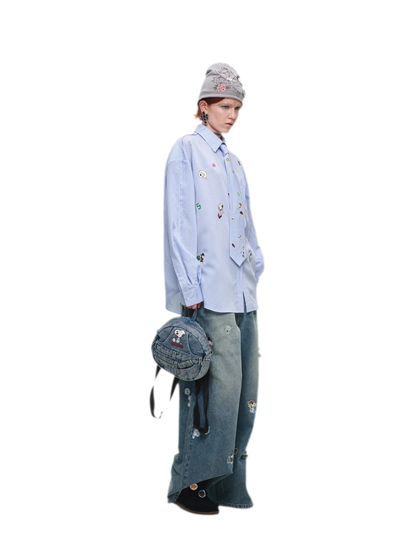 Washed Denim Embroidered Backpack