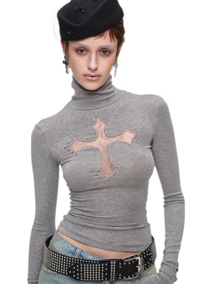Rhinestone Lace Turtleneck Knit Top