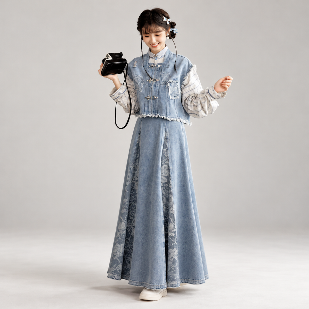 锦蓝 Brocade Blue Embroidered Vest Pleated