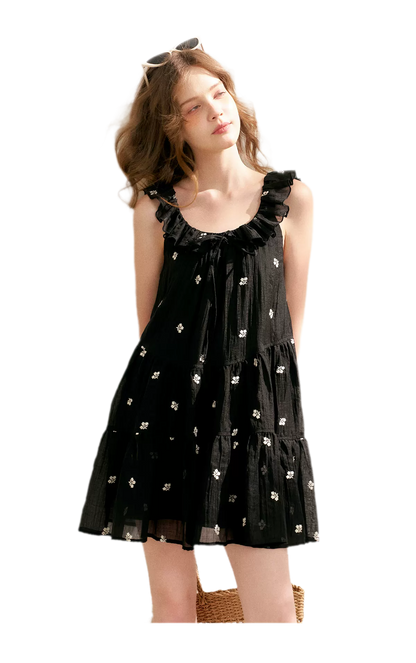 Tencel Embroidered Ruffle A-line Dress