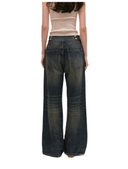 Quần jeans ống rộng giặt bạc chải xước