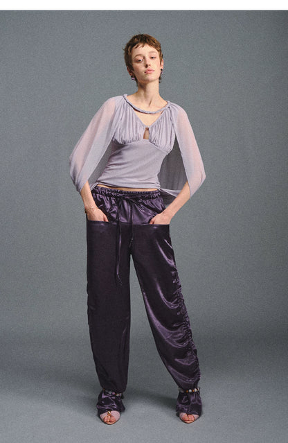 Satin Jogger Pants with Beaded Drawstring