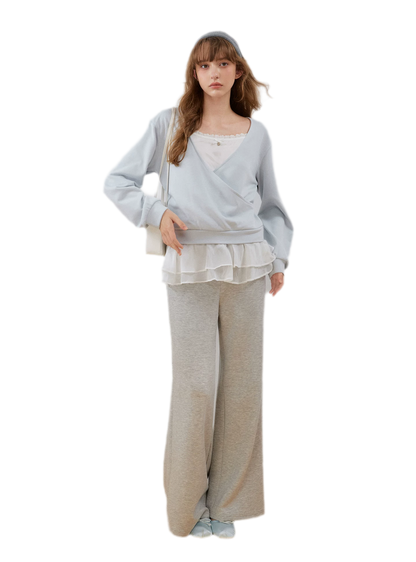 Sweatshirt met kanten ruches en V-hals