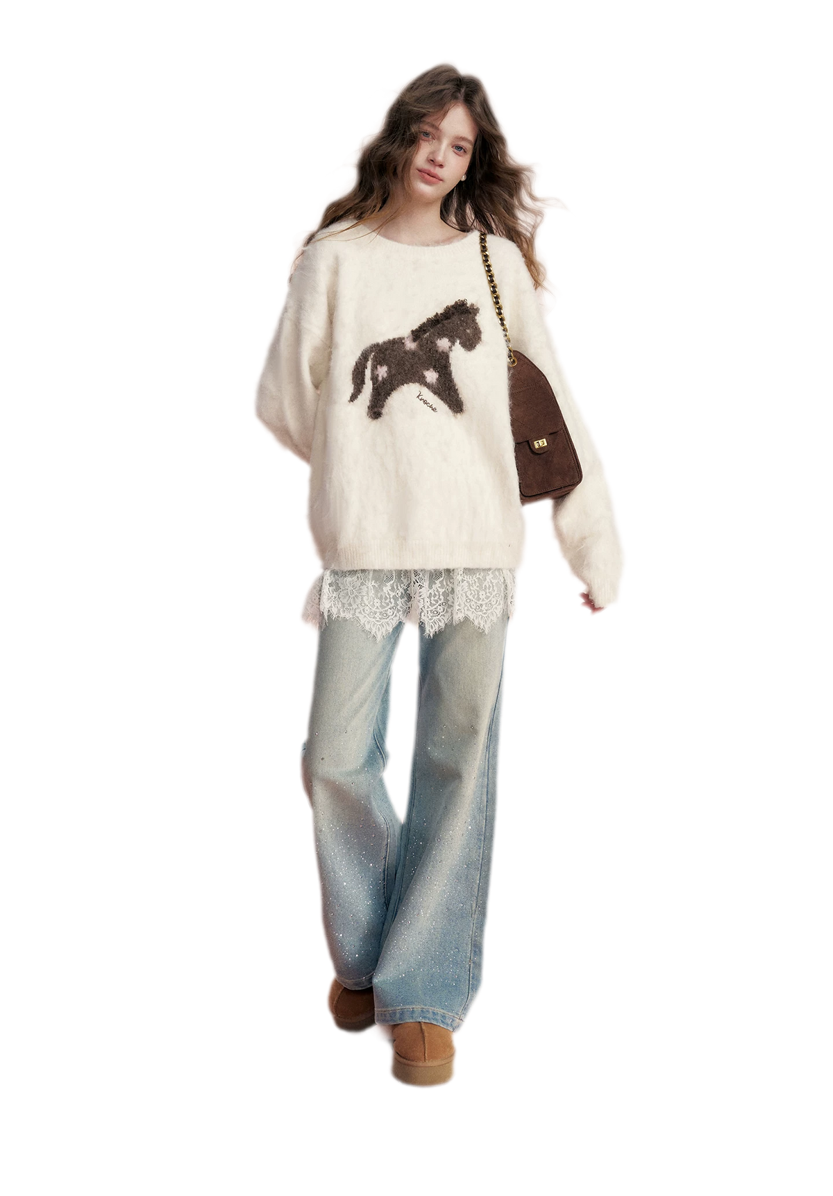 Embellished Fleece-Lined Wide-Leg Jeans