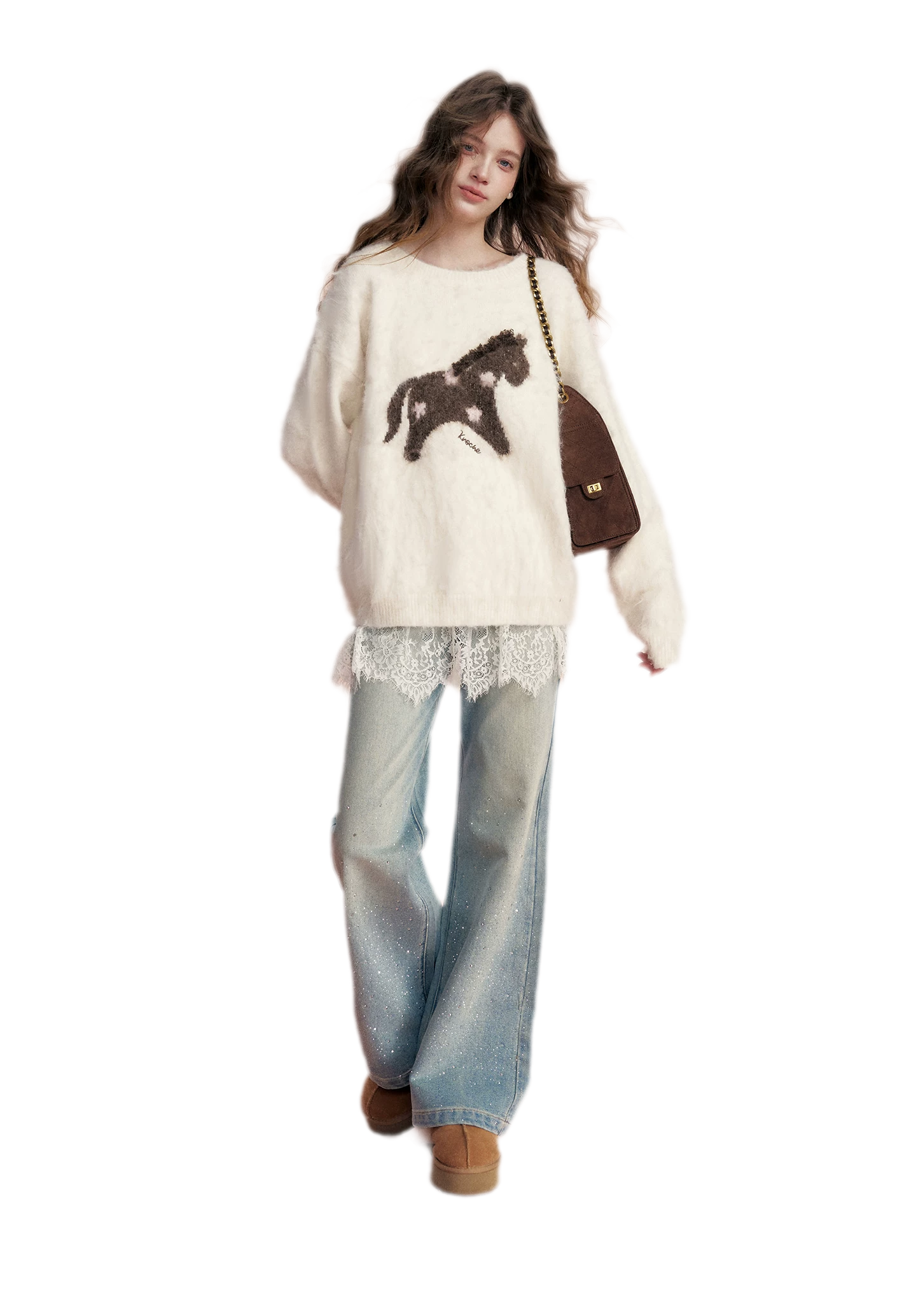 Embellished Fleece-Lined Wide-Leg Jeans
