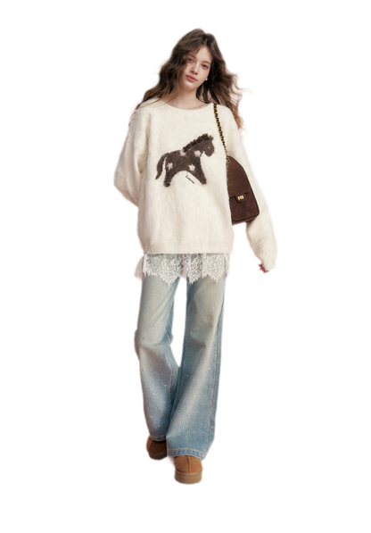 Embellished Fleece-Lined Wide-Leg Jeans